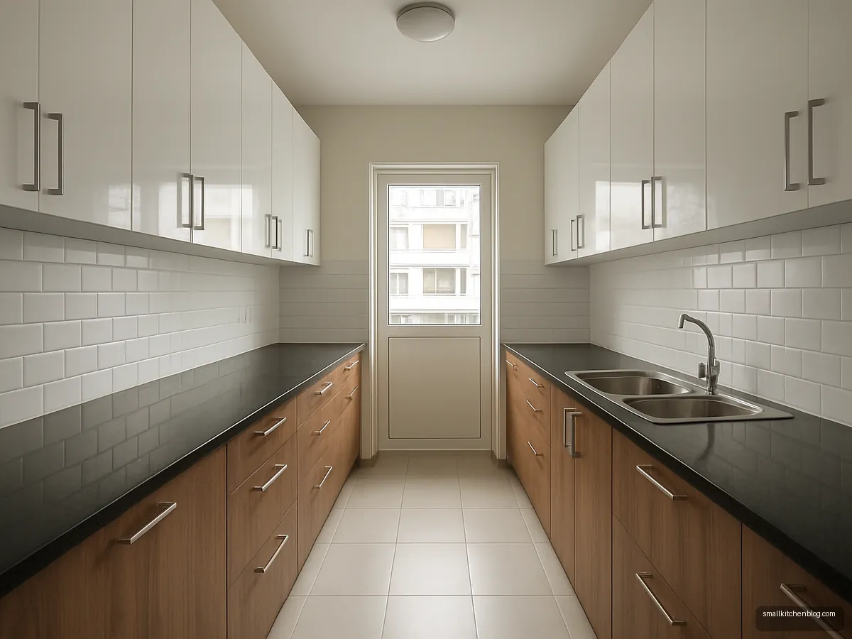 White gloss upper and walnut lower cabinets in a parallel kitchen