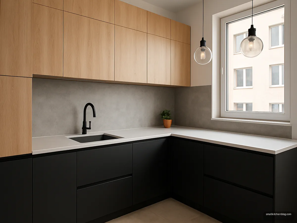 Black lower cabinets with light oak uppers