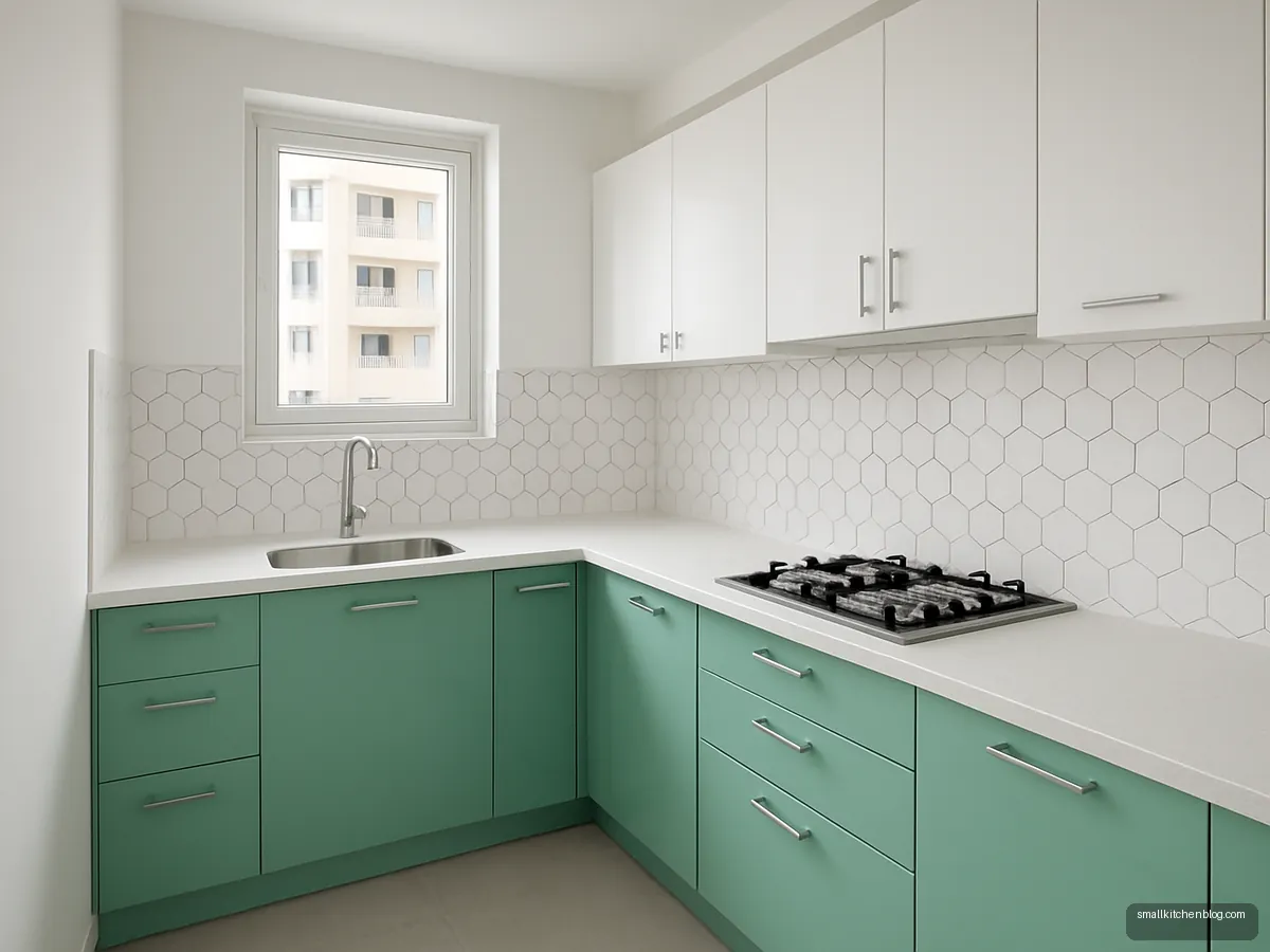 Mint green and white small kitchen