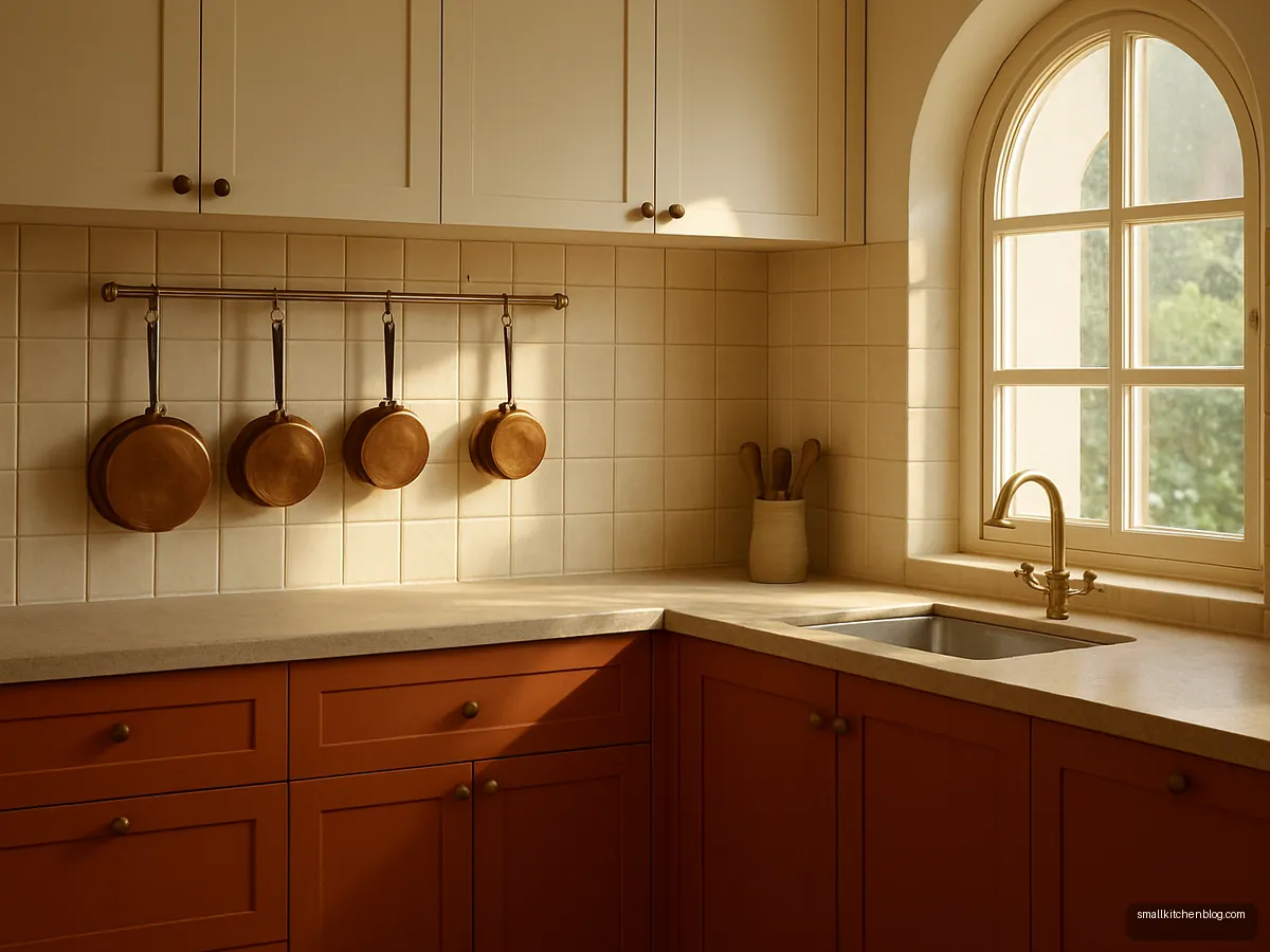 Terracotta and cream kitchen with copper pots