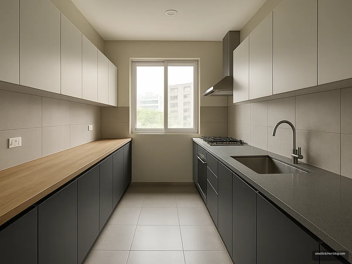 Charcoal and pale grey tonal parallel kitchen