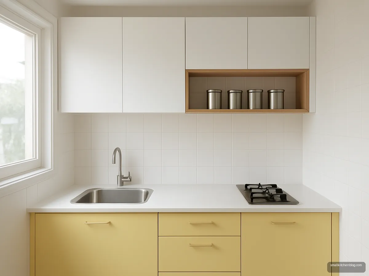 Lemon yellow and white compact kitchen