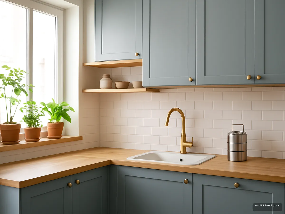 Powder blue cabinets with natural wood shelves