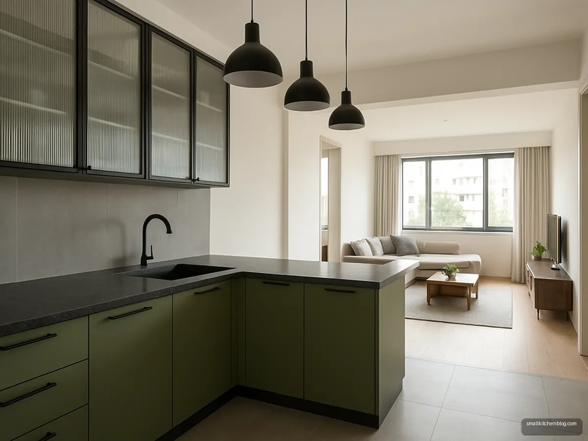 Olive green kitchen with black framed glass upper cabinets