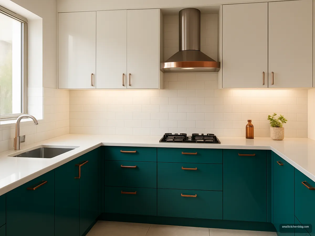 Teal gloss kitchen with copper handles