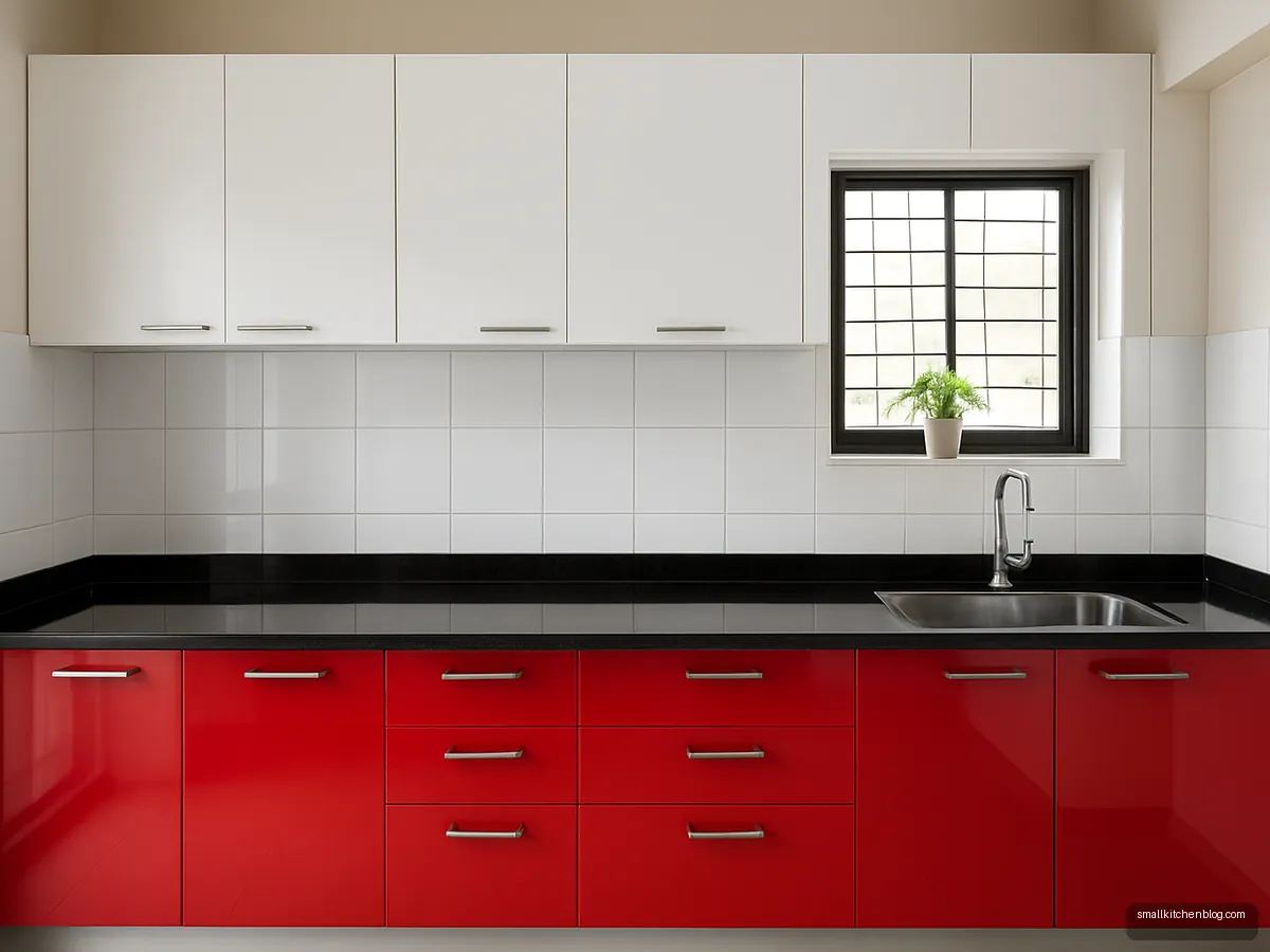 Red gloss lower and white upper kitchen cabinets