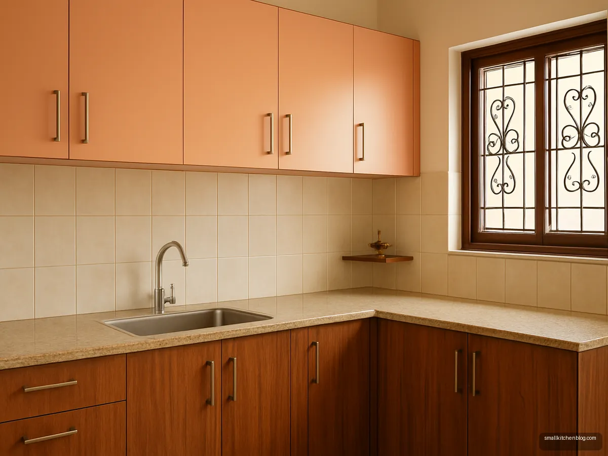 Peach and teak wood kitchen with beige granite
