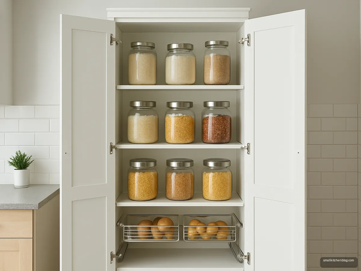 Tall white pantry cupboard with doors open showing grain containers