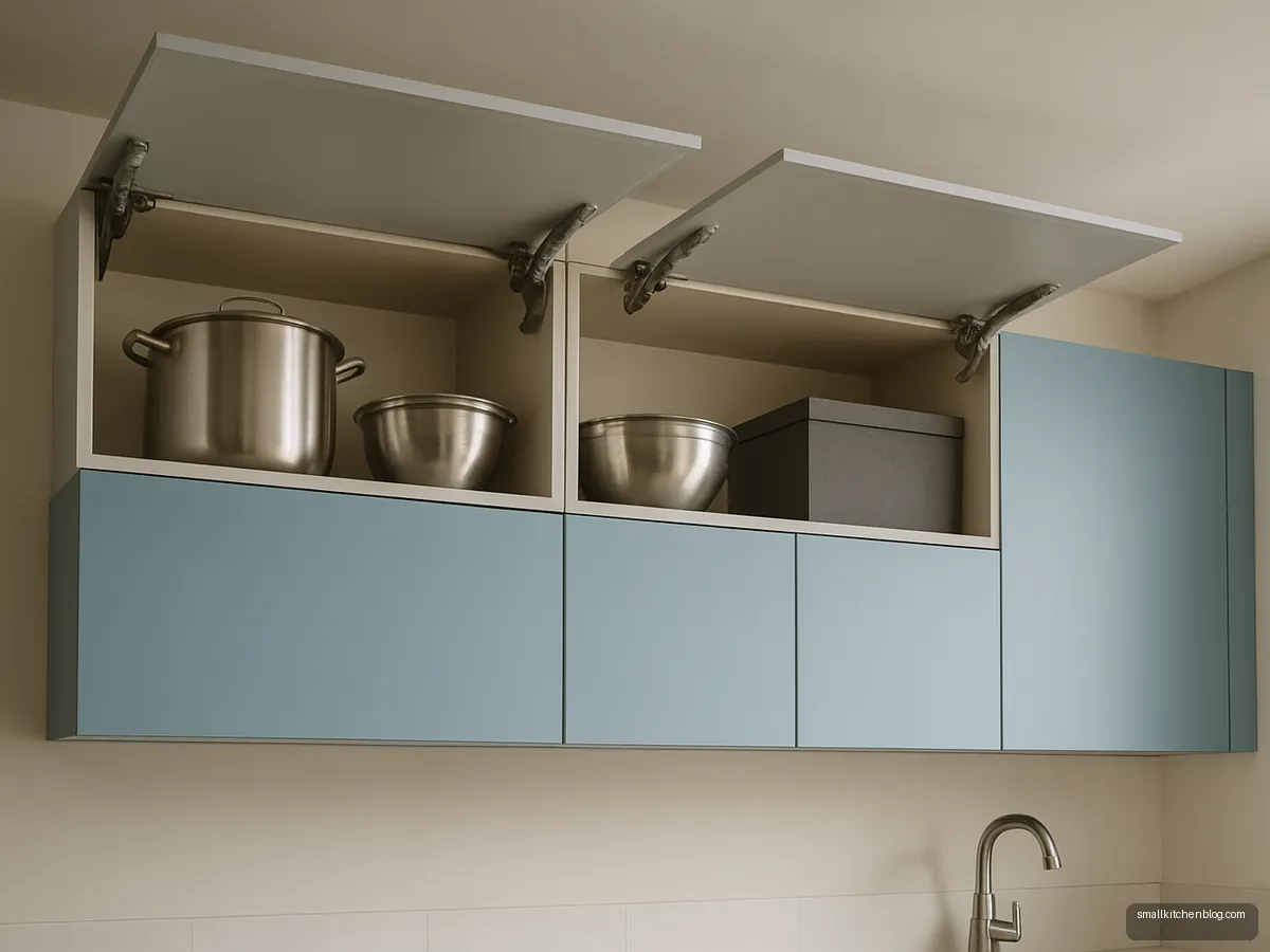 Kitchen loft with lift-up doors open showing large steel vessels