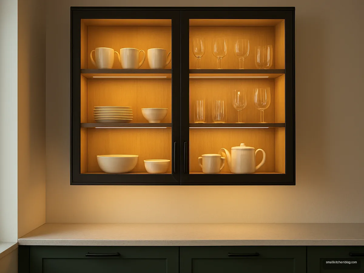 Glass front crockery cupboard with black frames above green base units