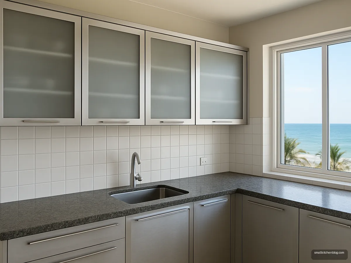 Aluminium framed kitchen cupboards with frosted glass shutters