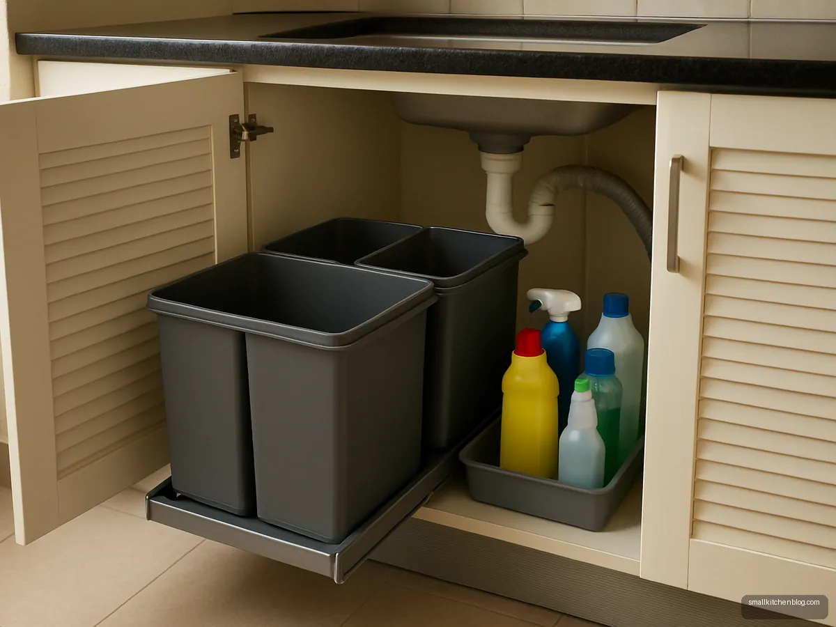 Open under-sink cupboard with pull-out bin and cleaning supplies