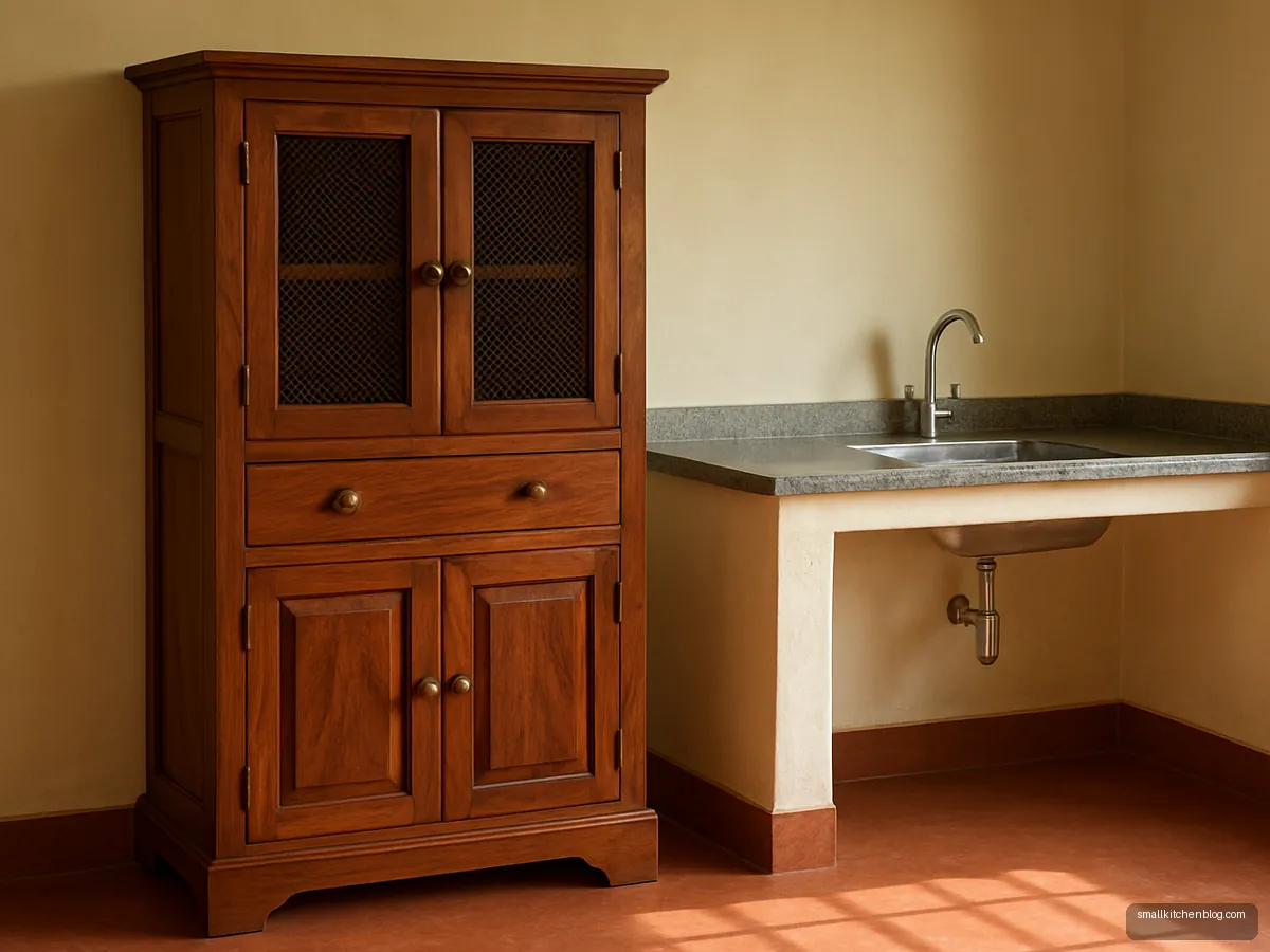 Freestanding sheesham wood kitchen almirah with brass handles and mesh doors