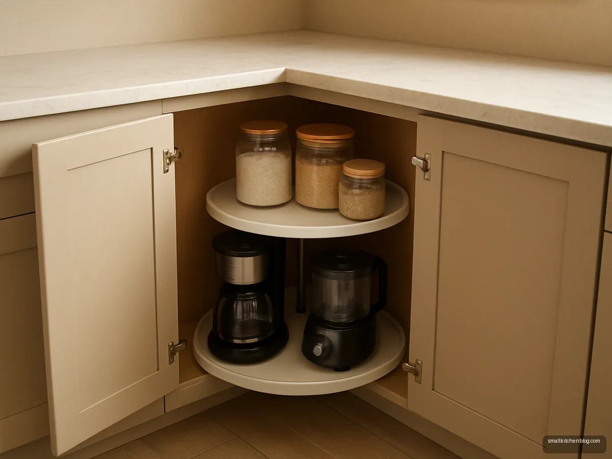 Corner cupboard with rotating round trays holding jars