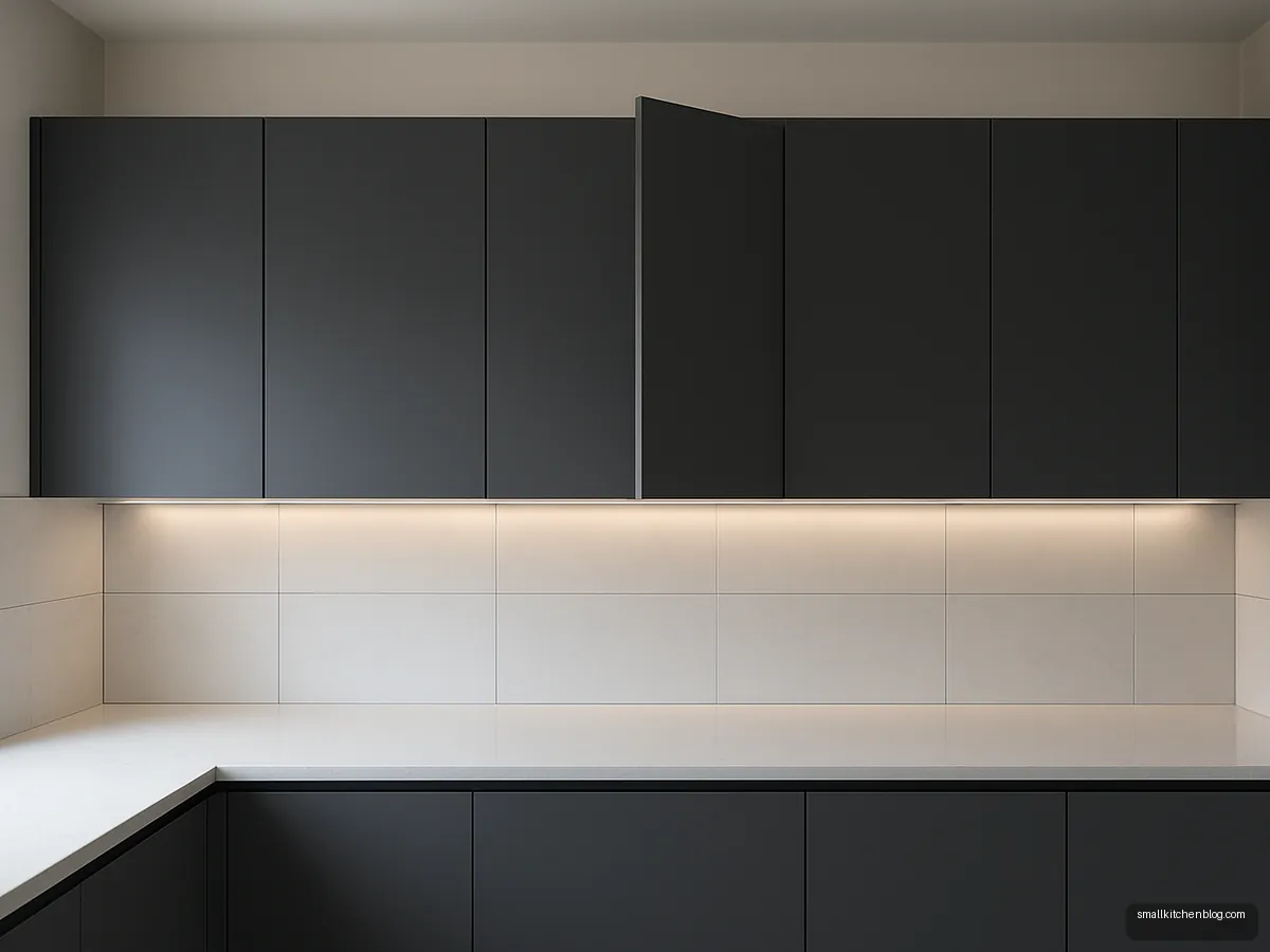Handleless slate grey wall cupboards above a white counter