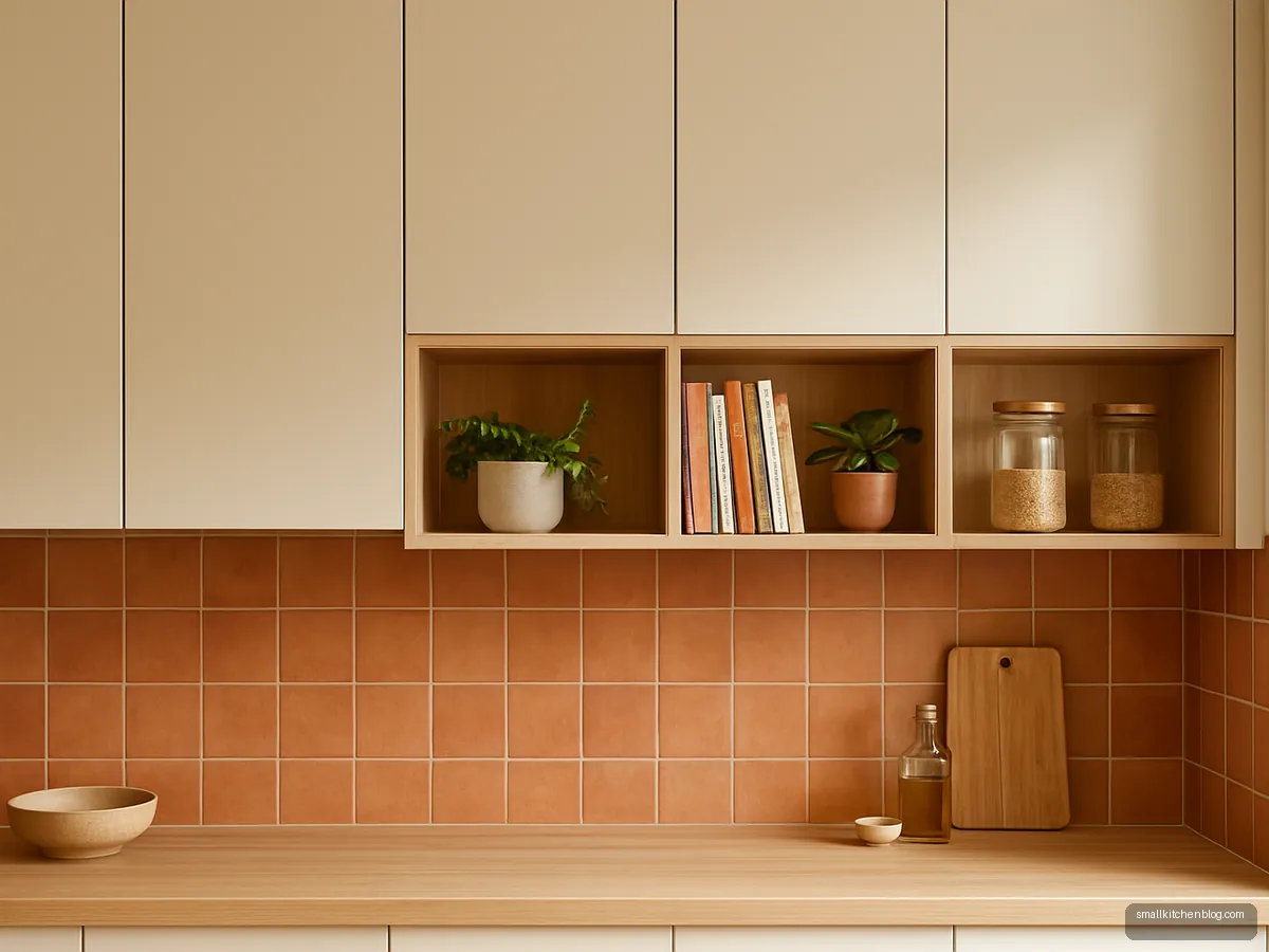 Cream cupboards mixed with open square cubbies above a wood counter