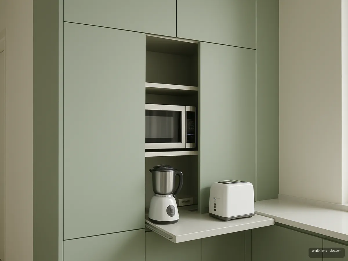 Tall sage cupboard with open door revealing appliances