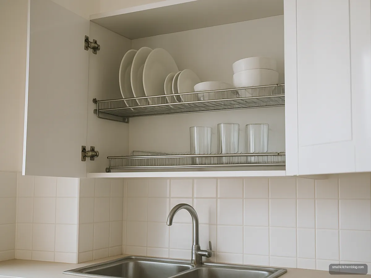 Wall cupboard over a sink with a steel dish drainer