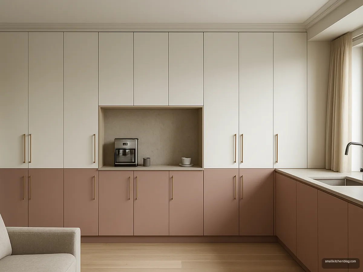 Wardrobe-style kitchen cupboards in dusty rose and white