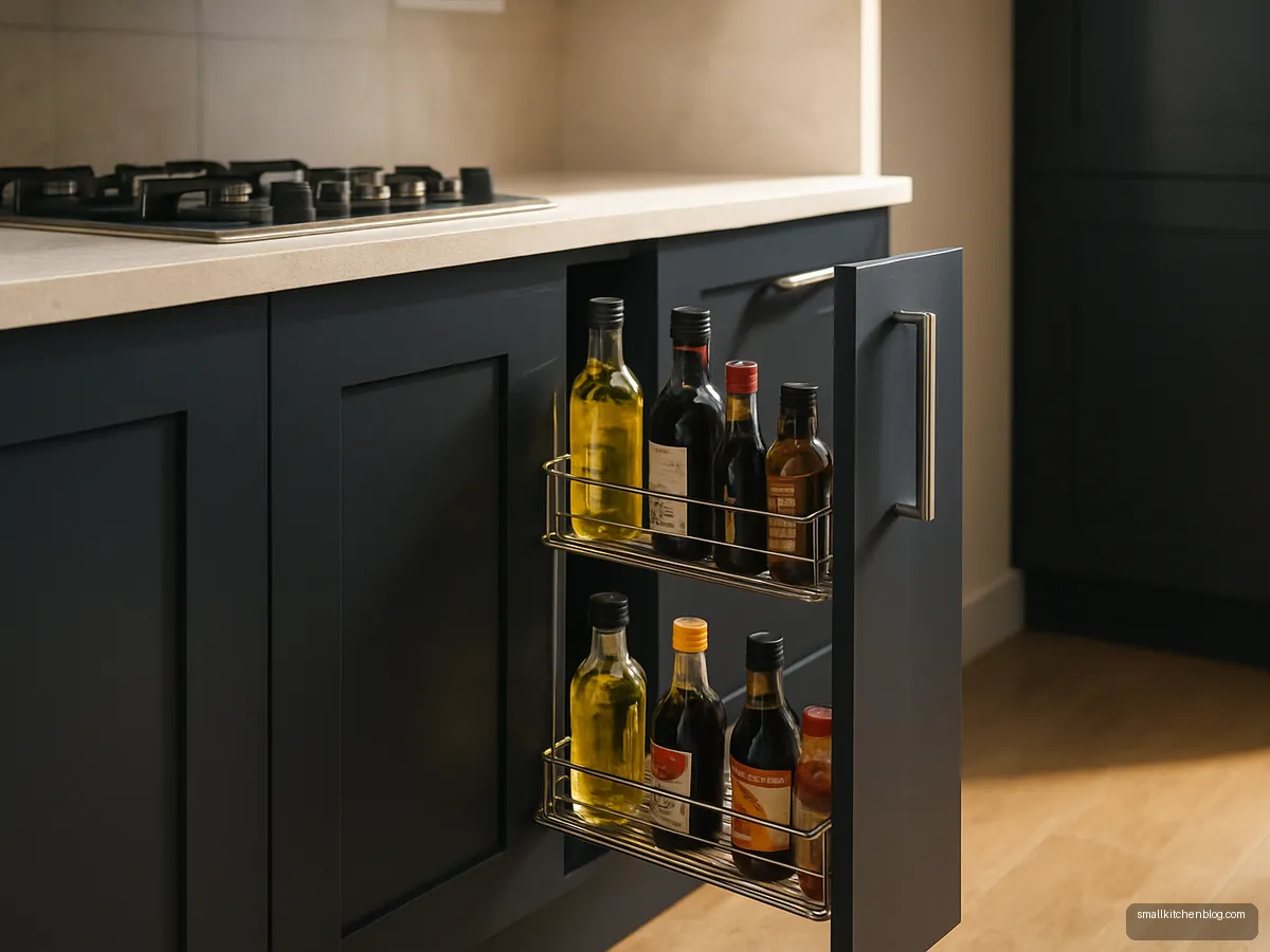 Narrow oil pull-out beside the hob in a navy kitchen