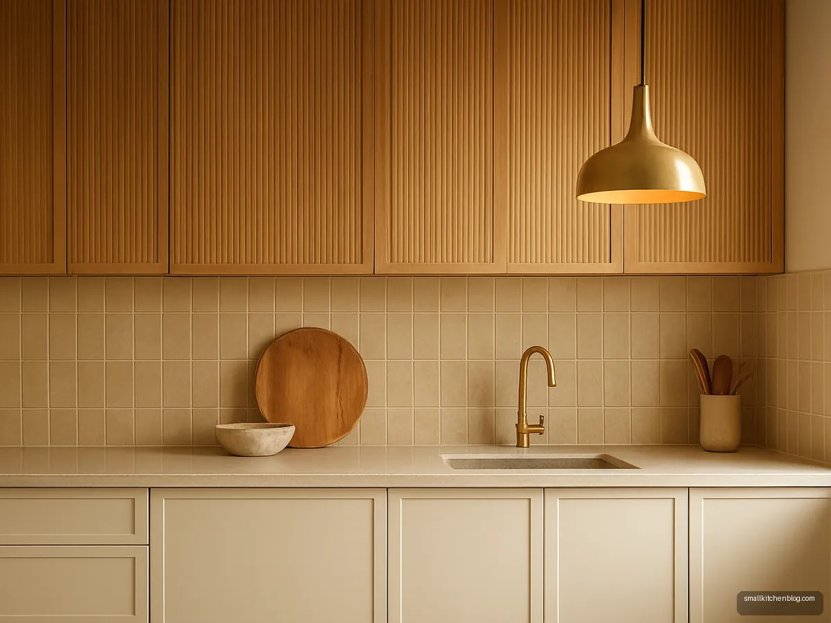 Fluted oak upper cupboards above plain off-white base units