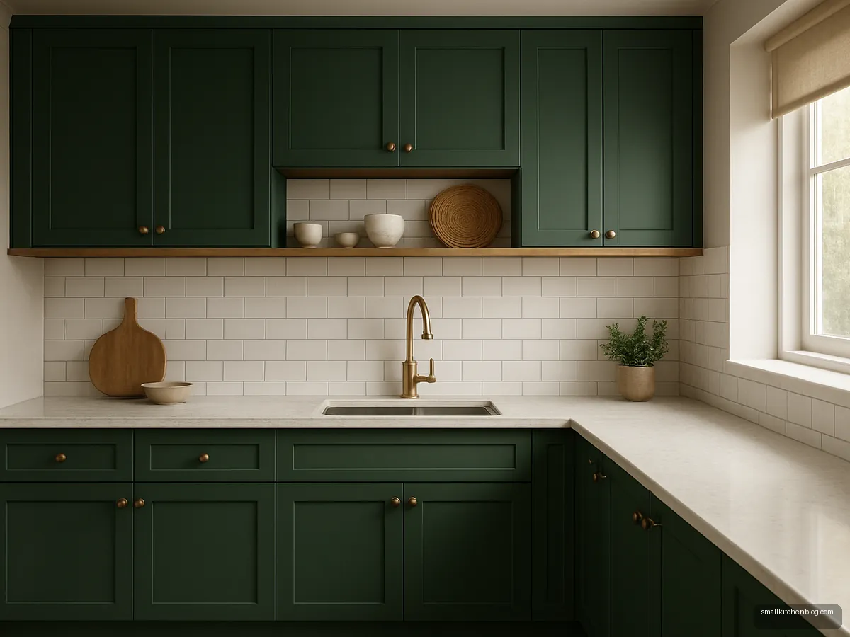 Bottle green shaker cupboards with brass knobs