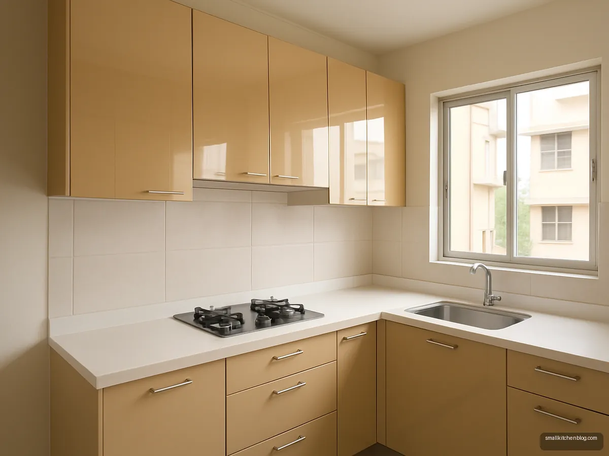 Small kitchen with champagne gloss wall cupboards reflecting light