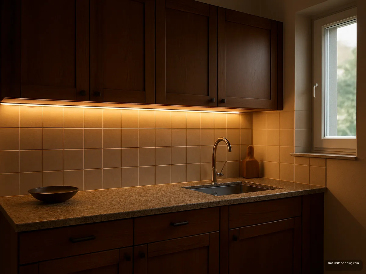 Warm LED strip lighting under kitchen wall cabinets