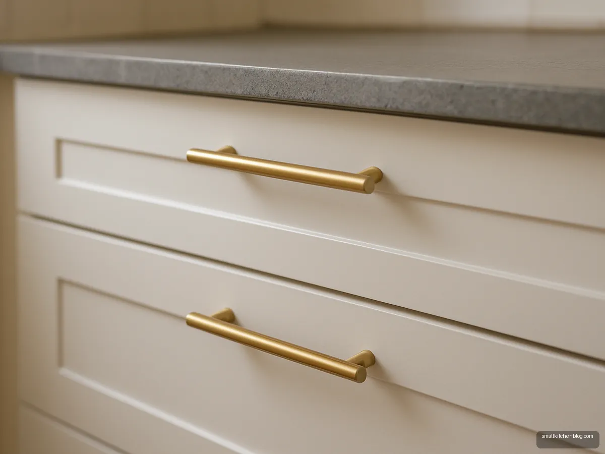 Brushed brass handles on white kitchen drawers