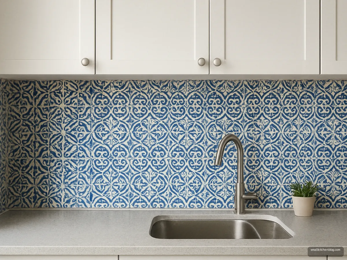 Blue and white Moroccan peel and stick backsplash