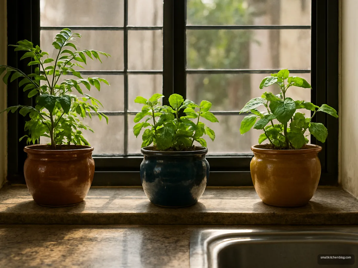 Ceramic herb pots on a sunny kitchen window
