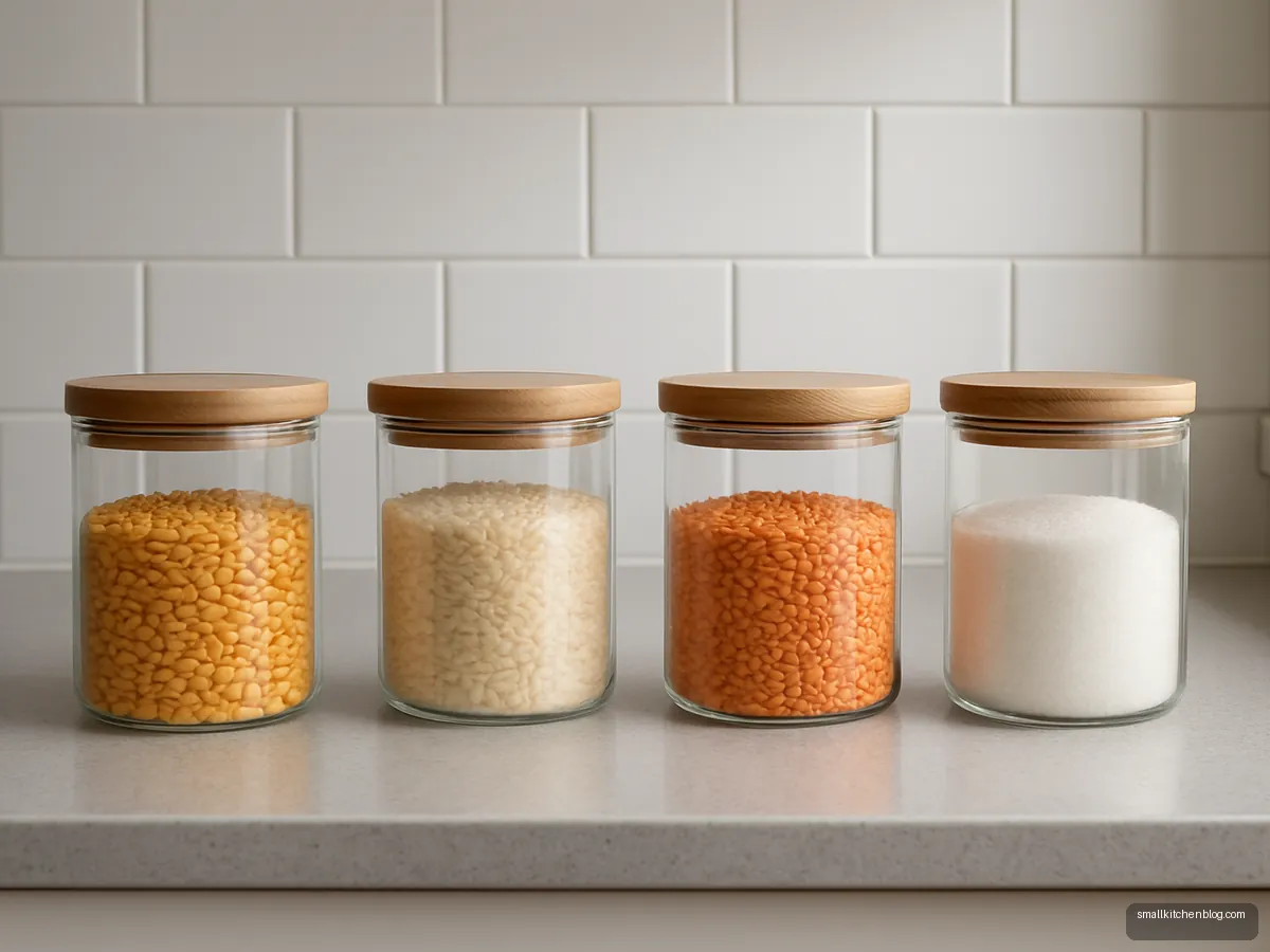 Matching glass jars of dal and rice on counter