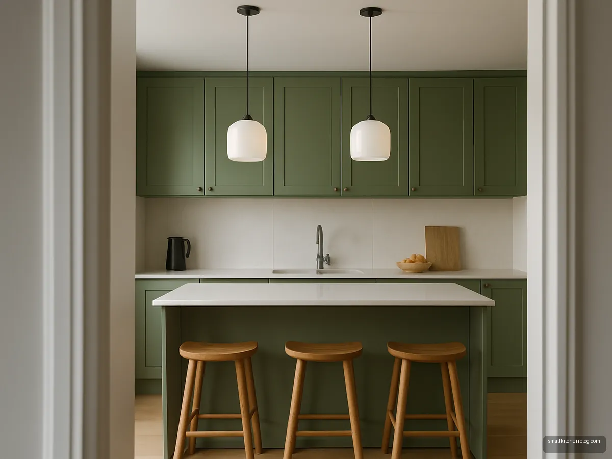 Two white pendant lights over a breakfast counter