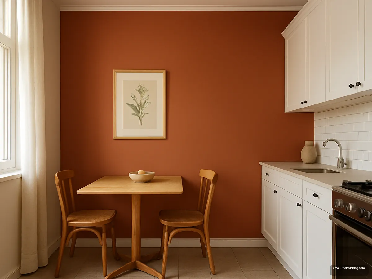 Terracotta accent wall in a white kitchen