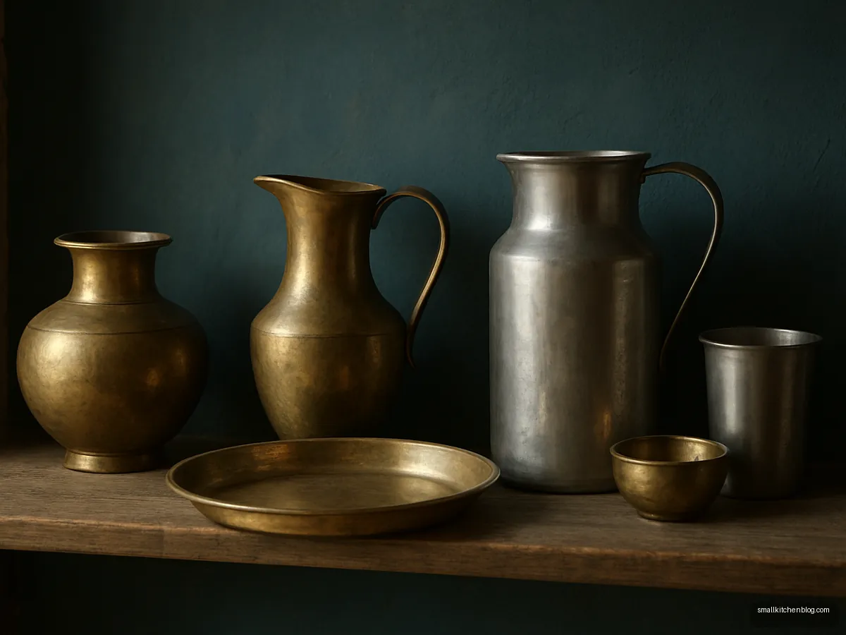 Vintage brass and steel utensils on a kitchen shelf