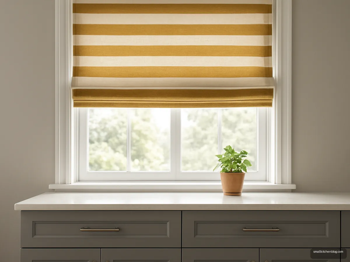 Mustard striped Roman blind on a kitchen window