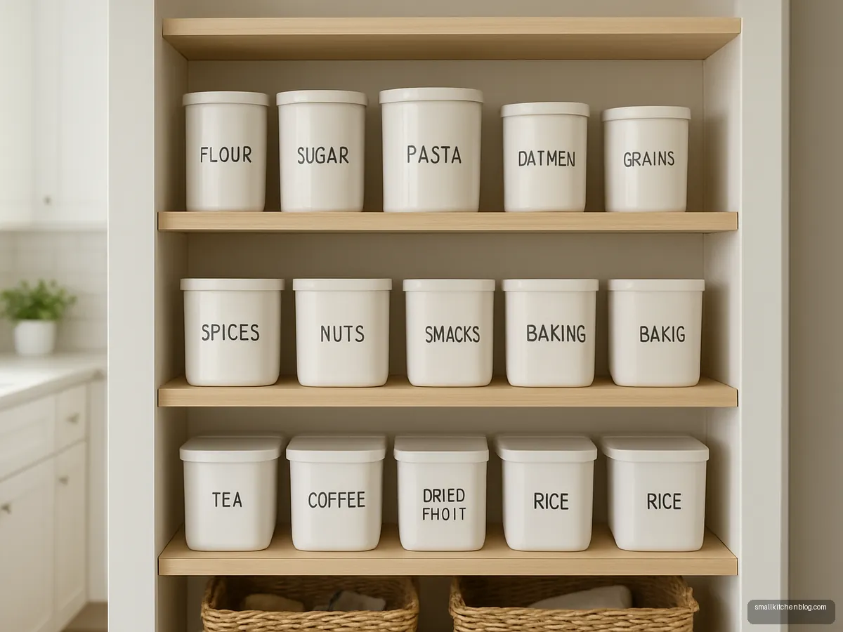 Labelled white containers on a pantry shelf