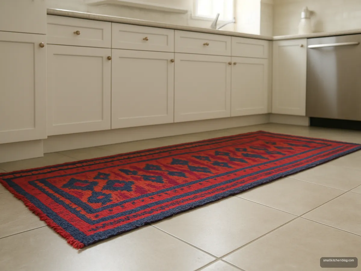 Cotton dhurrie runner in front of kitchen counter