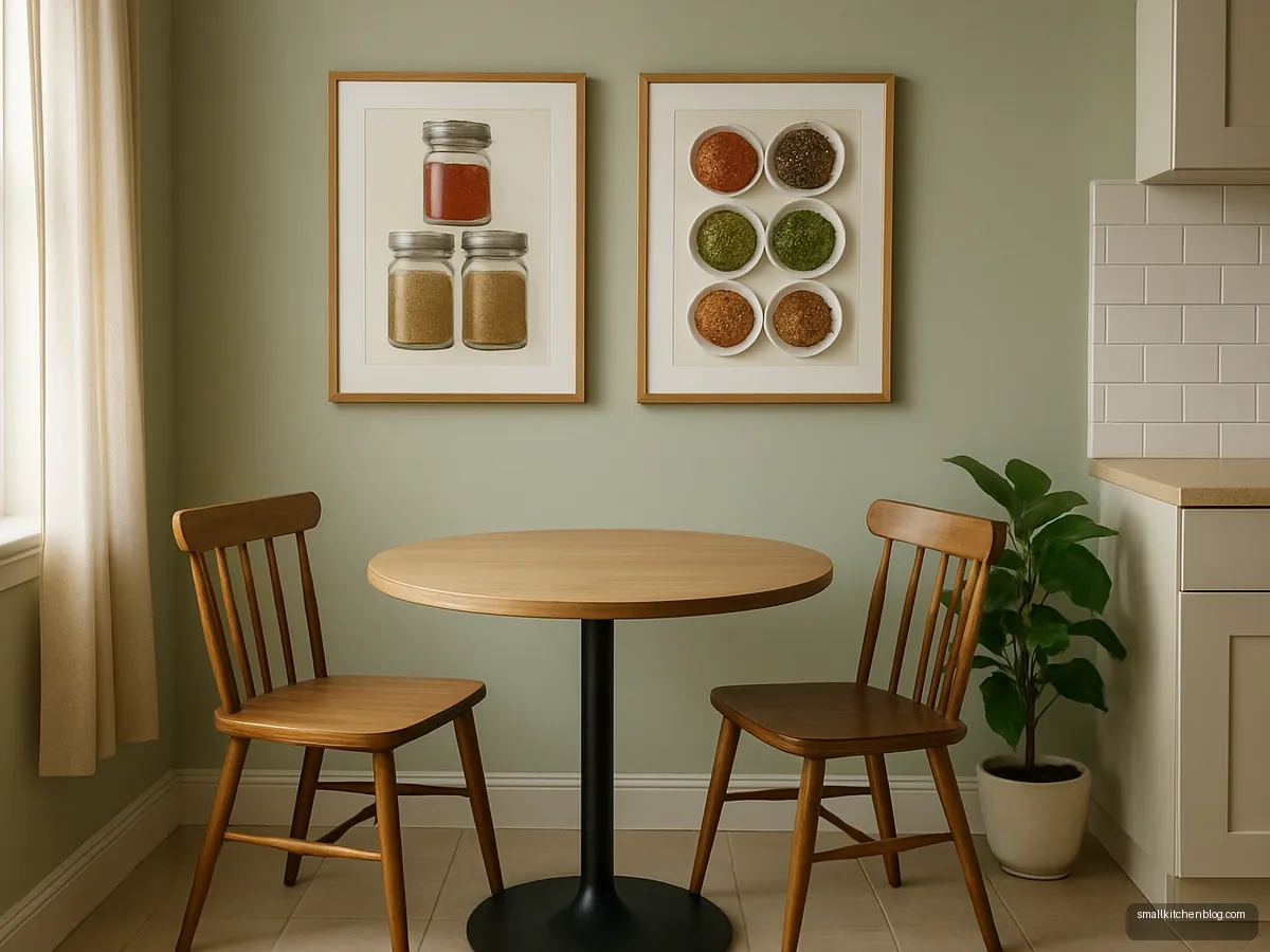 Framed prints above a small kitchen dining nook