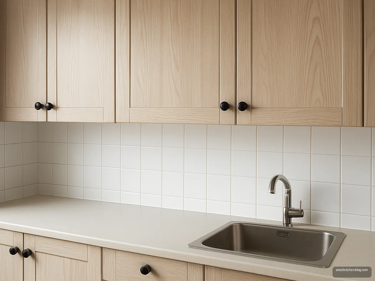Kitchen cabinets refreshed with wood-grain contact paper