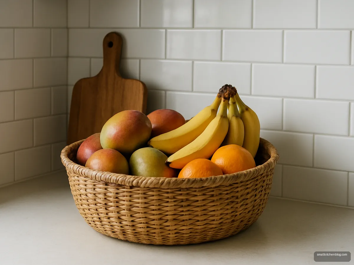 Cane fruit basket on a cleared kitchen counter