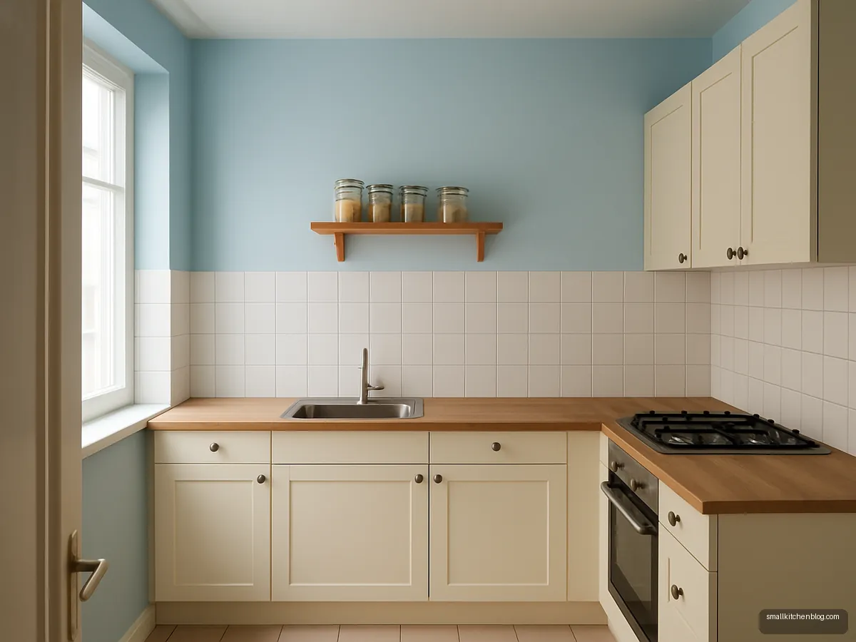 Small kitchen with walls painted pastel blue