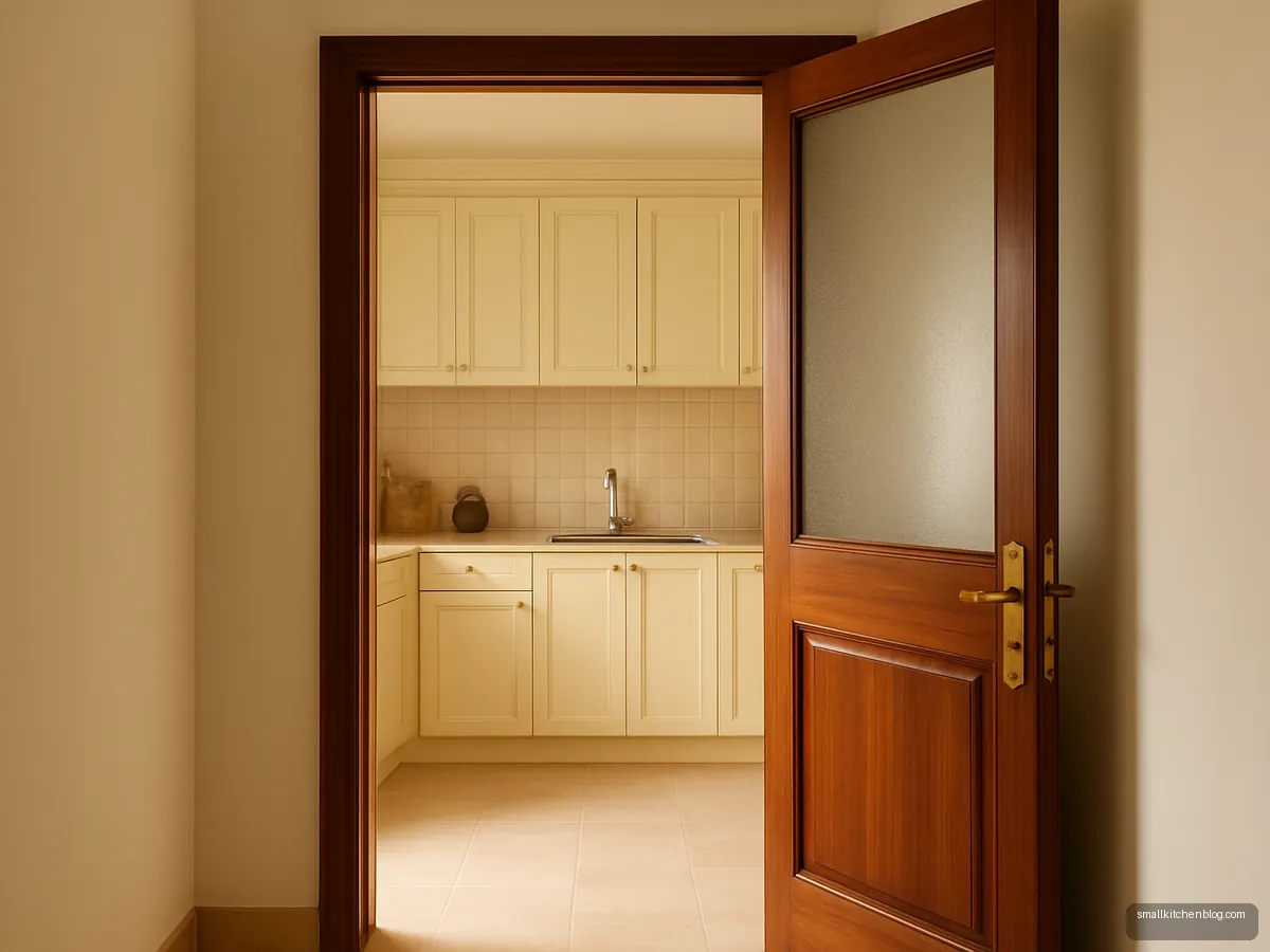 Teak kitchen door with a frosted glass upper half