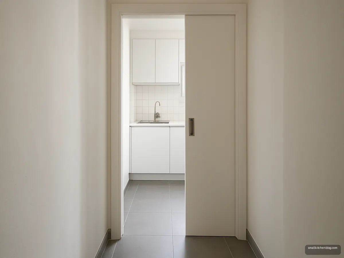 White pocket door half open into a small kitchen