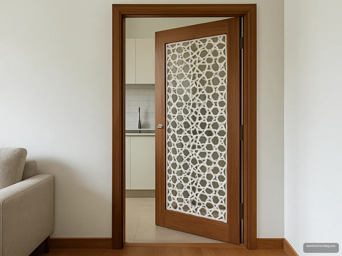 Wooden kitchen door with a white geometric jaali panel