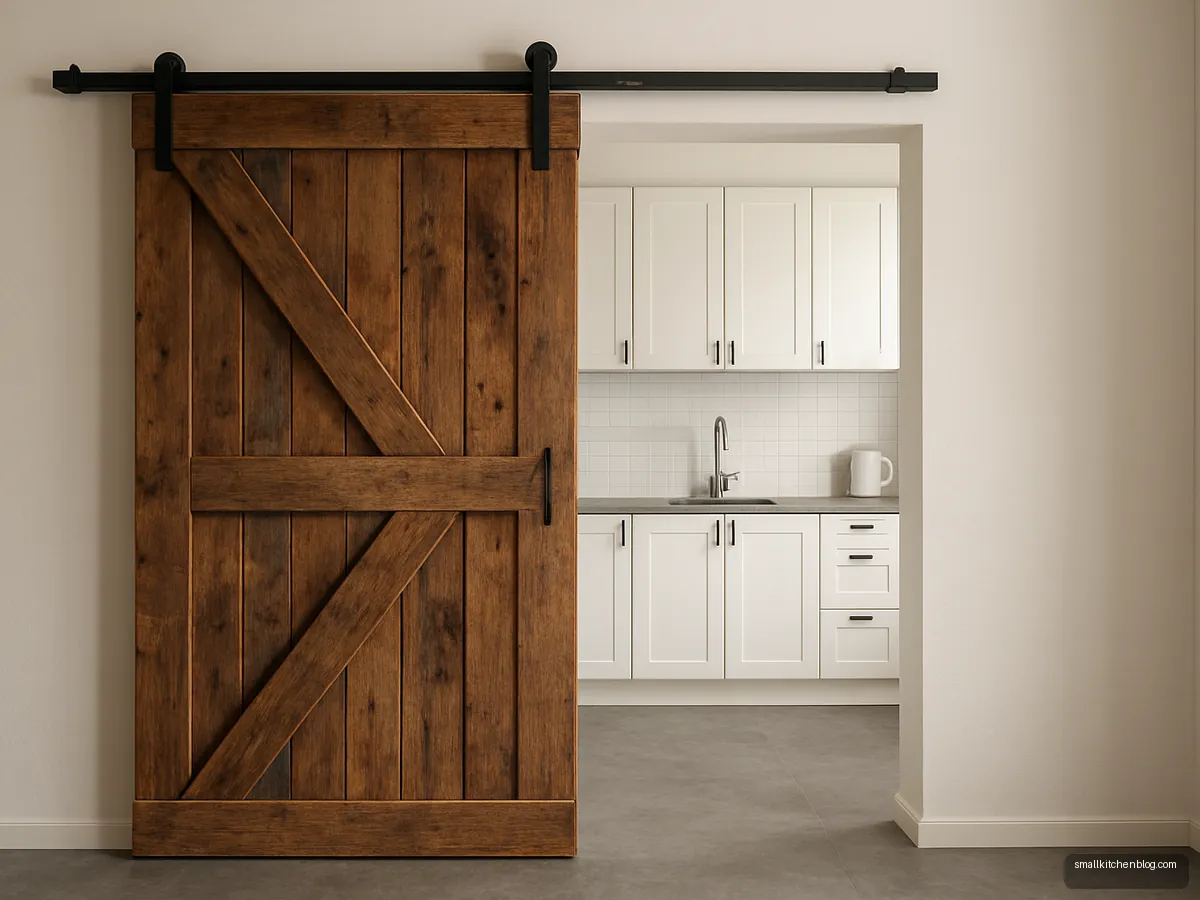 Wooden barn door on a black track beside a kitchen