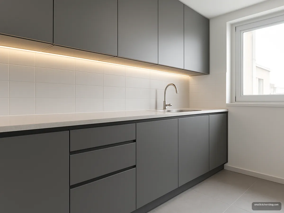 Matte grey handleless kitchen cabinet shutters
