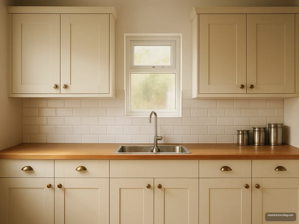 Cream shaker kitchen cabinet doors with brass handles