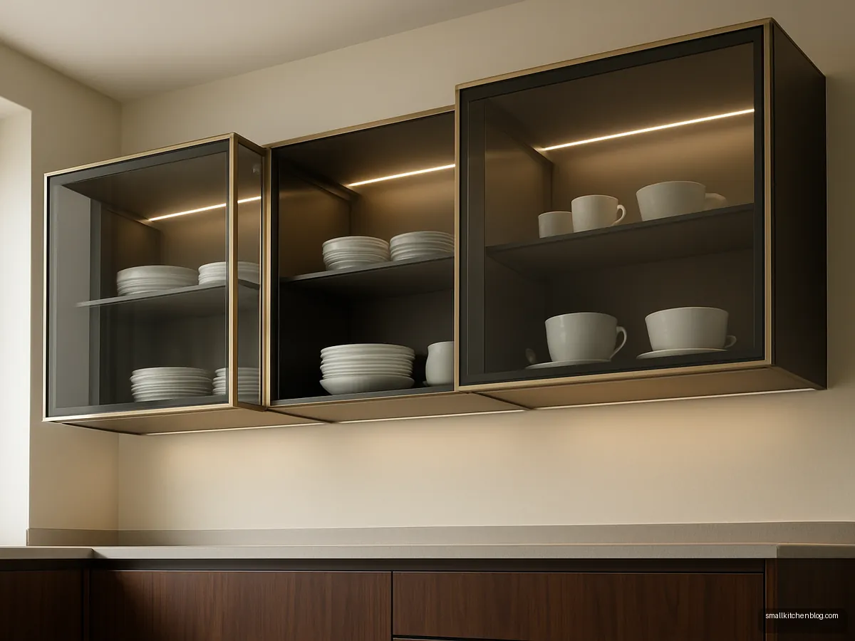 Smoked glass wall cabinets in aluminium frames with lift-up flaps