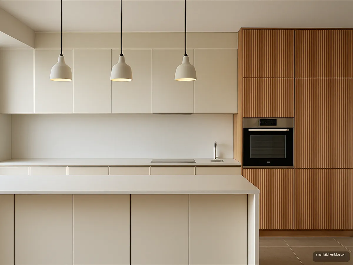 Ribbed oak tall unit doors beside plain white cabinets